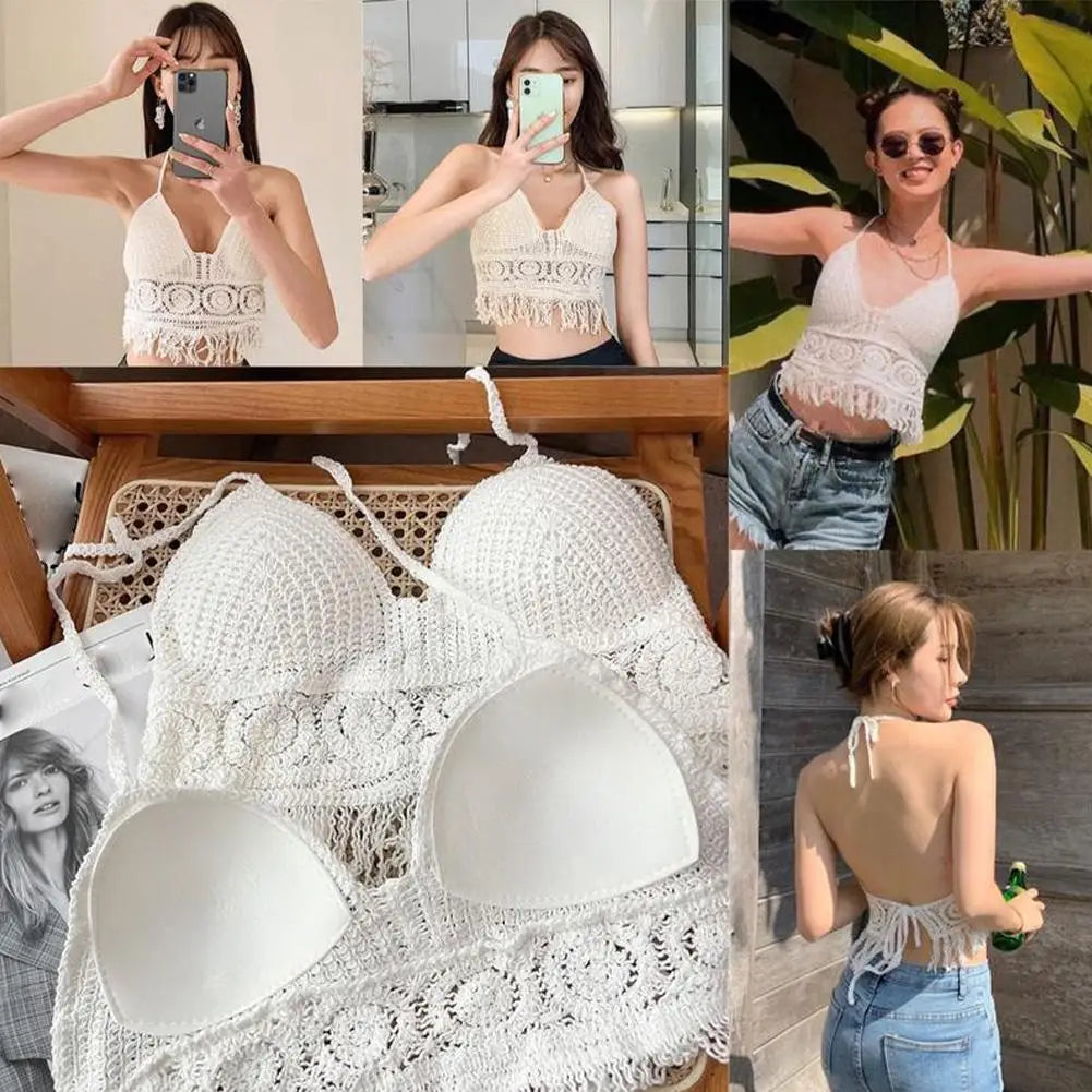 Sexy Boho Beach Holiday Camisole Halter Women Crochet Tops Women's Bra Crop Tank Backless Hollow Vest Top Swimsuit Tassel K F0X0