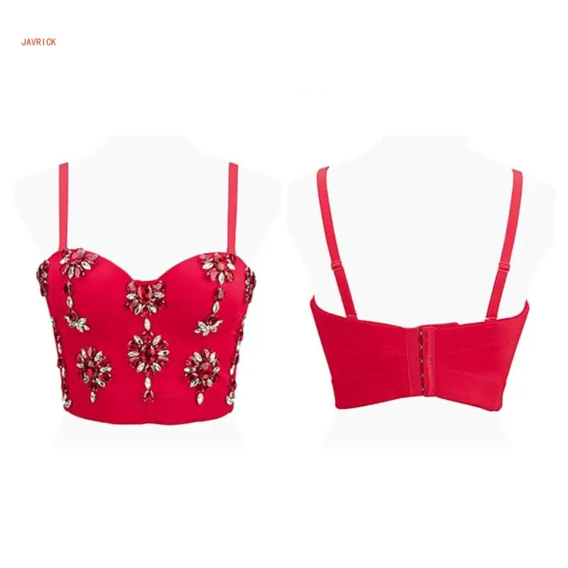 Women's Sleeveless Crop Tops Corset Bustier Bra Push Up Top Rhinestones Camisole Polyester Lingerie for Evening Parties