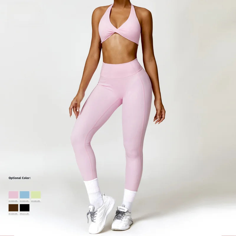 FUBEIKE 2 Pieces Set Pink Women's Yoga Suits Running Workout Clothes