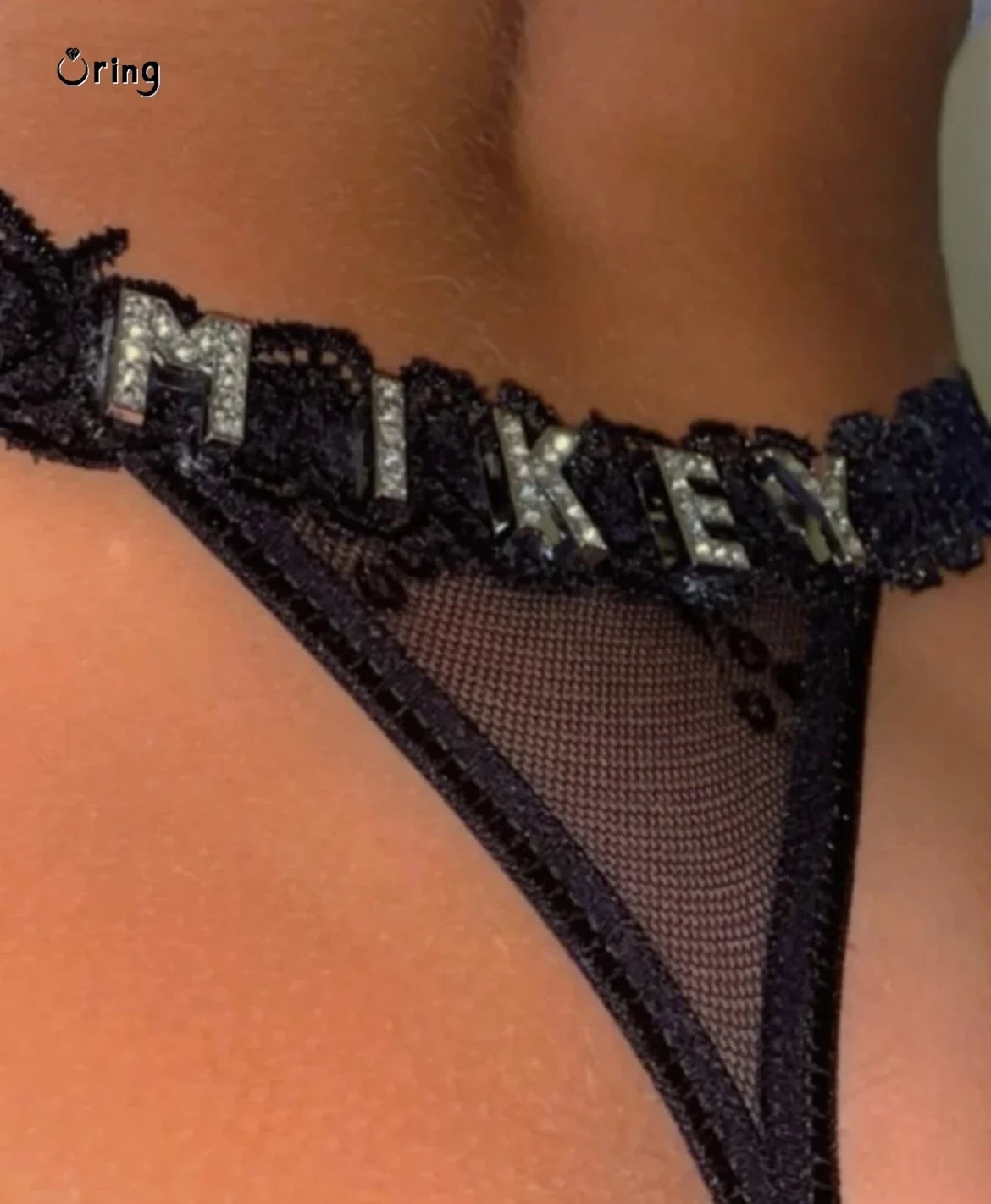Custom Thongs with Name for Boyfriend Crystal Letter Body Jewelry Women Sexy Lace Bikini G-String Panties Valentine's Day Gift