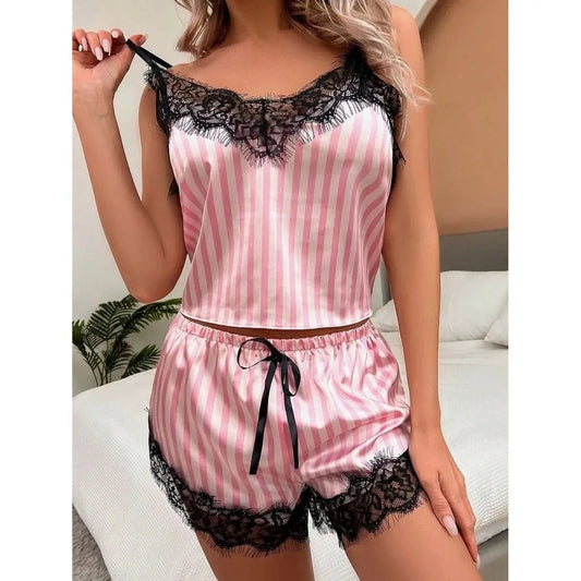 2pcs Trendy Breathable Womens Pajama Set Pink Striped V Neck Sleepwear Comfortable Silky Lace Sexy Lingerie Summer
