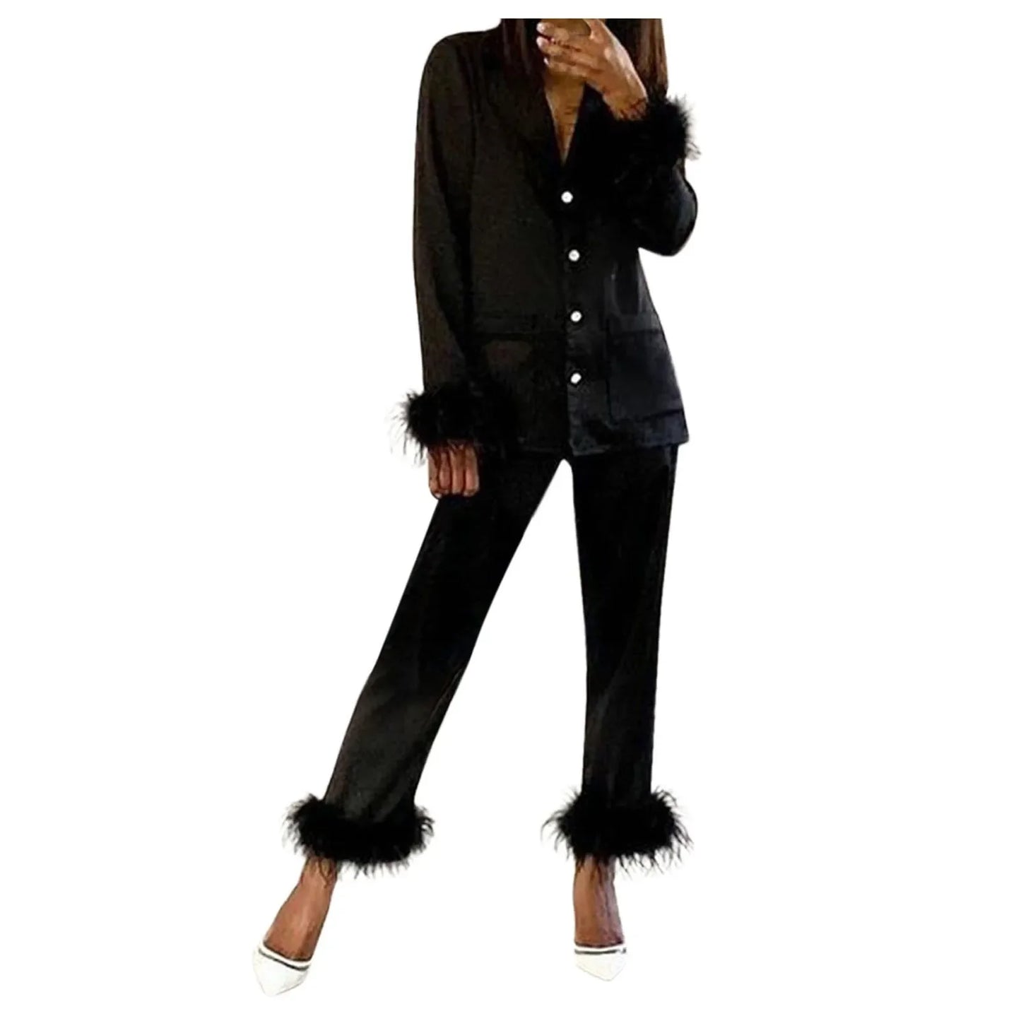 2Pcs Women Pajamas Set Spring Summer Casual Lapel Tops + Feather Pants Suits Sexy Lingerie Nightwear Silk Satin Pyjamas Homewear