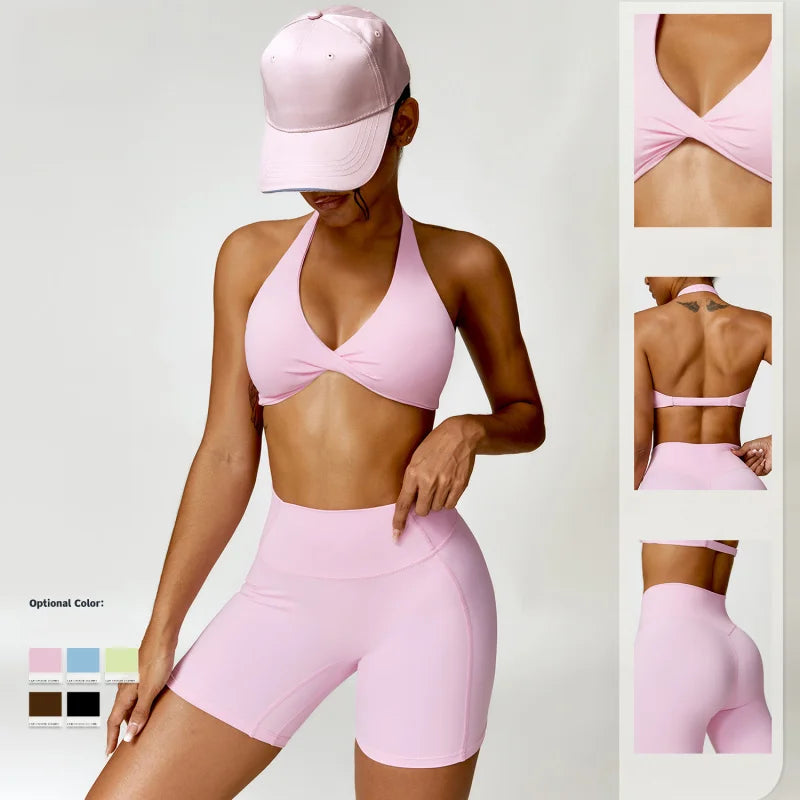 FUBEIKE 2 Pieces Set Pink Women's Yoga Suits Running Workout Clothes