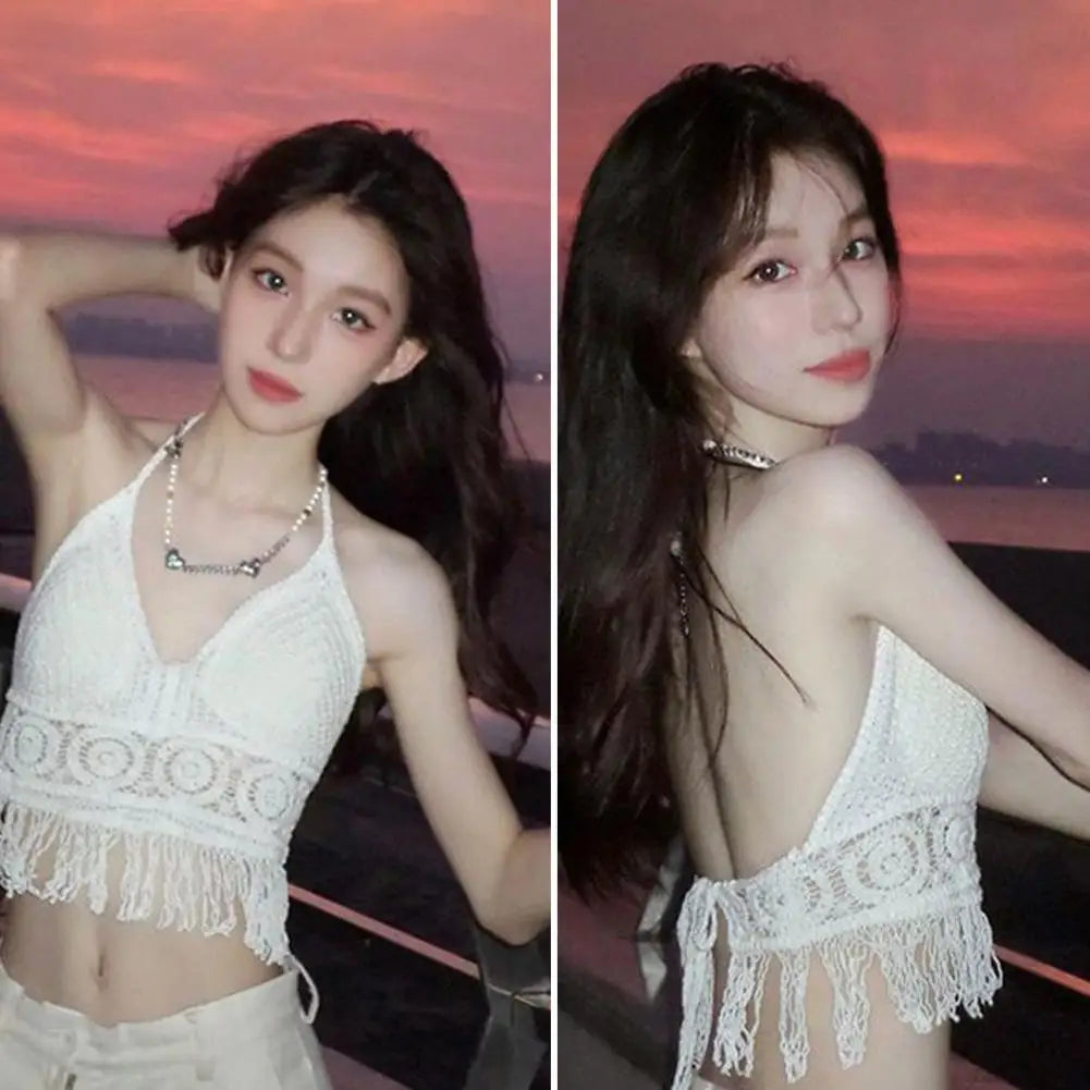Sexy Boho Beach Holiday Camisole Halter Women Crochet Tops Women's Bra Crop Tank Backless Hollow Vest Top Swimsuit Tassel K F0X0