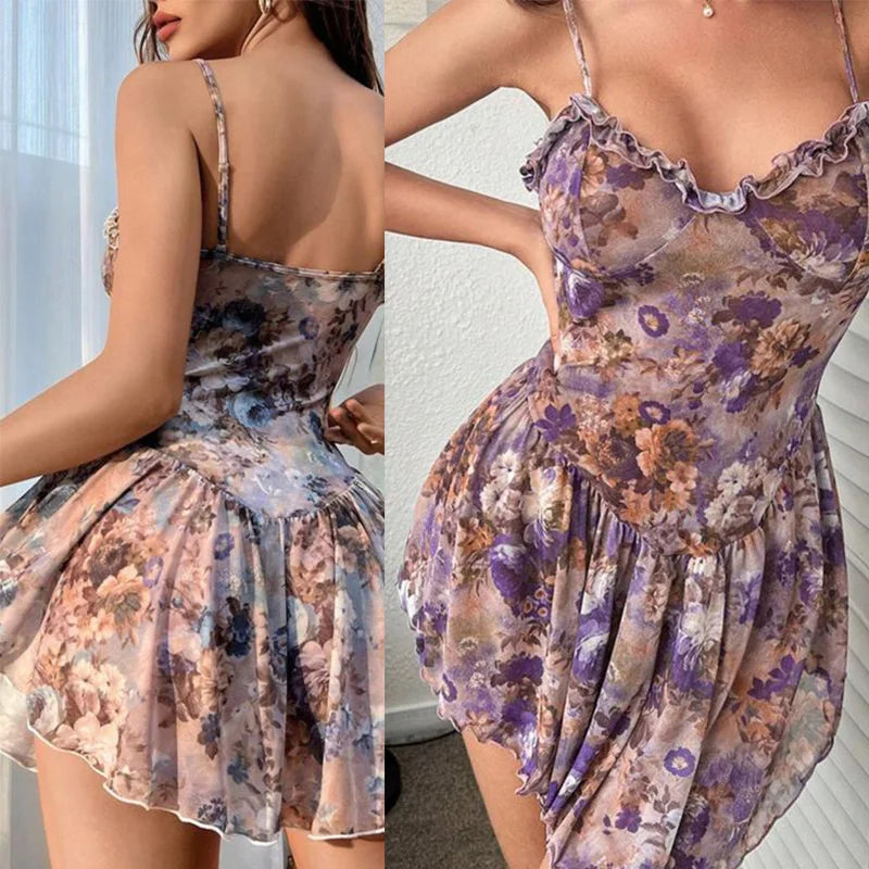 Strap tight floral lace thin short dress Top women Y2k clothes summer T-shirt sexy lingerie set fancy underwear uncensored xxx