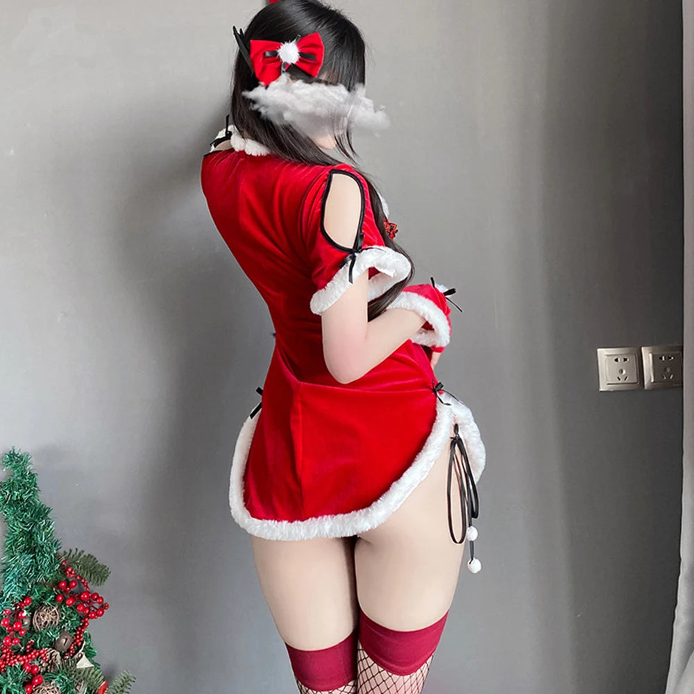 Autumn Winter Velvet Christmas Cosplay Red Dress Retro Women Sexy Cheongsam Lingerie Uniform Short Sleeve Kawaii Bodycon Dress