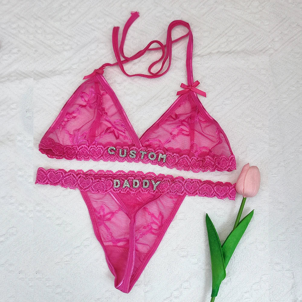 Custom Lingerie Set Name Thongs Bra Personalized Panties Bra Set With Name DIY Letter Charm Bikini Set Lace For Women Sexy Gift
