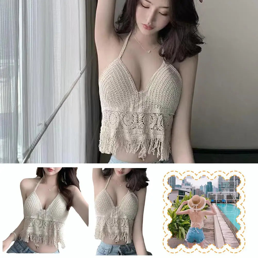 Sexy Boho Beach Holiday Camisole Halter Women Crochet Tops Women's Bra Crop Tank Backless Hollow Vest Top Swimsuit Tassel K F0X0