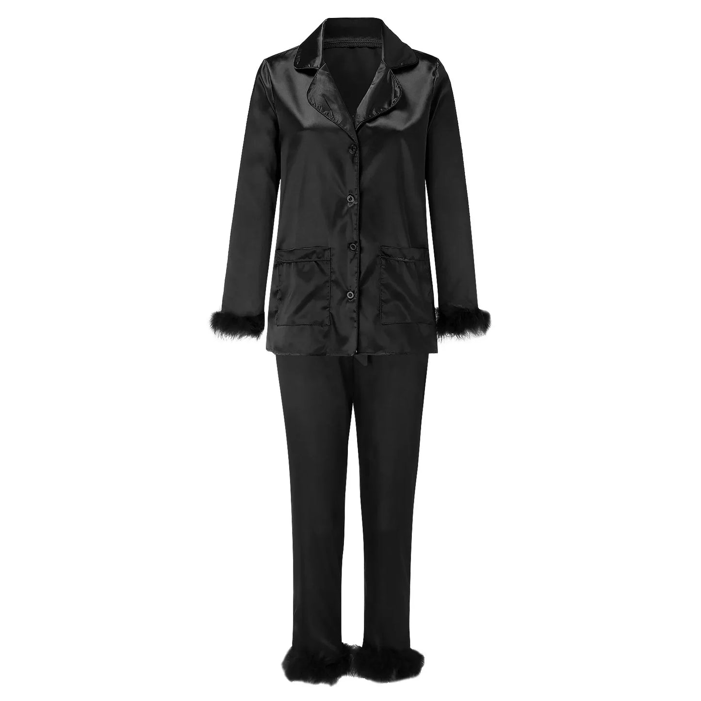 2Pcs Women Pajamas Set Spring Summer Casual Lapel Tops + Feather Pants Suits Sexy Lingerie Nightwear Silk Satin Pyjamas Homewear