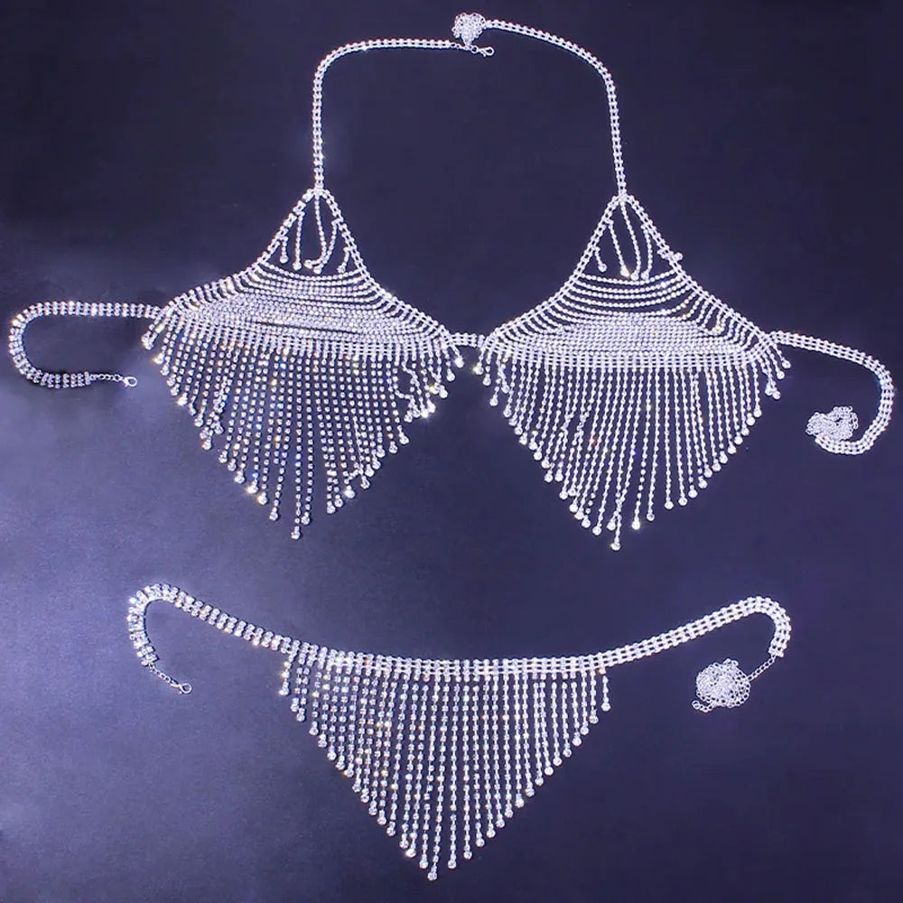 Bling Rhinestone Tassel Body Chain Bra Harness Lingerie Adjustable Luxury Hollow Body Jewelry Bra and Thong Bodysuit Crotchless