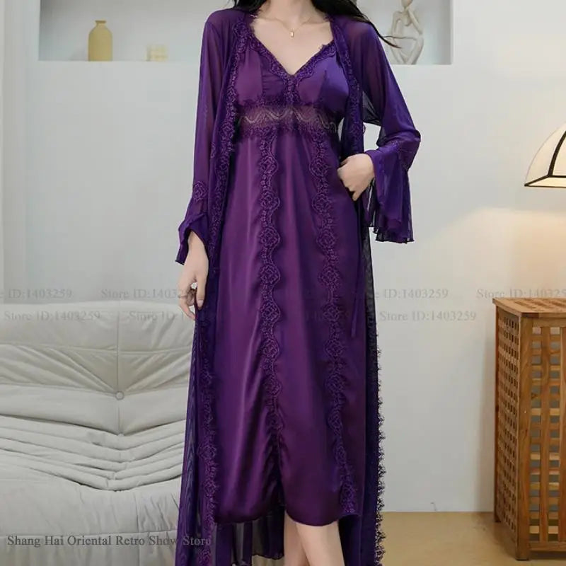 Female Long Twinset Robe Set Dress Sexy