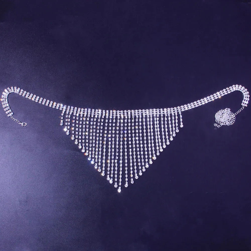 Bling Rhinestone Tassel Body Chain Bra Harness Lingerie Adjustable Luxury Hollow Body Jewelry Bra and Thong Bodysuit Crotchless