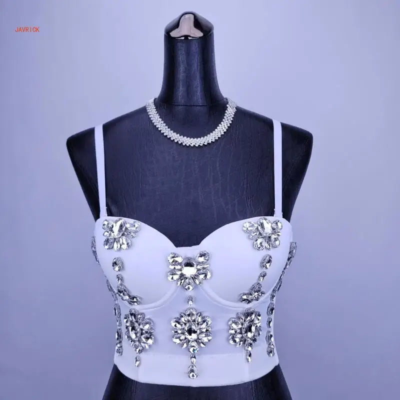 Women's Sleeveless Crop Tops Corset Bustier Bra Push Up Top Rhinestones Camisole Polyester Lingerie for Evening Parties
