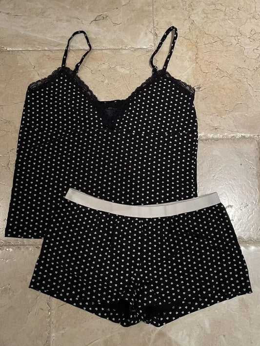 Heart Lace Trim Vest Panties 2 Pieces Set Woman