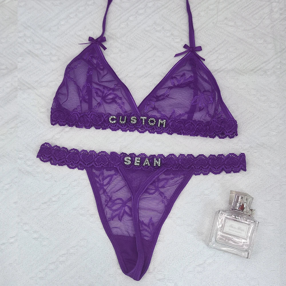 Custom Lingerie Set Name Thongs Bra Personalized Panties Bra Set With Name DIY Letter Charm Bikini Set Lace For Women Sexy Gift