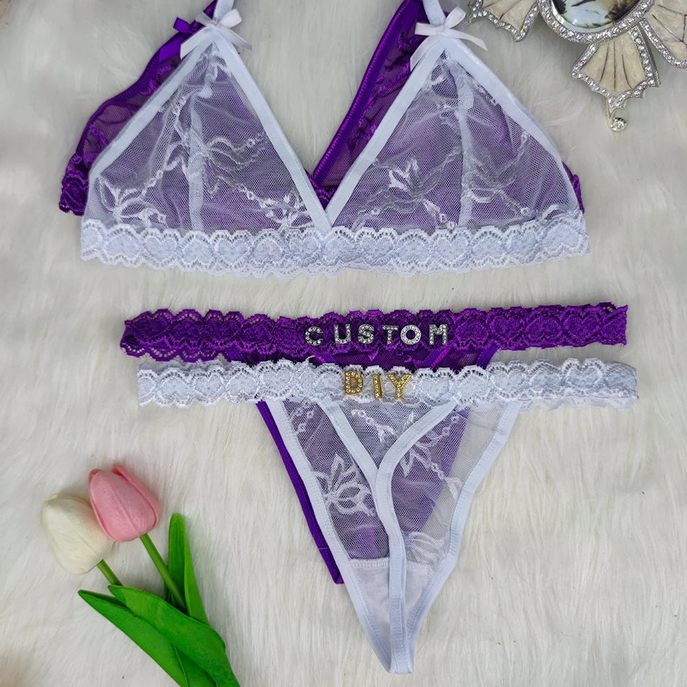 Custom Lingerie Set Name Thongs Bra Personalized Panties Bra Set With Name DIY Letter Charm Bikini Set Lace For Women Sexy Gift