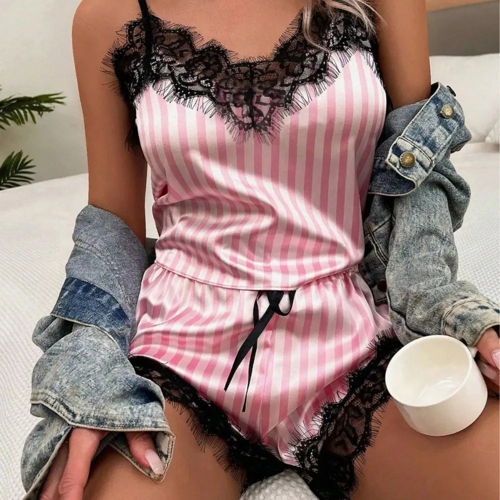 2pcs Trendy Breathable Womens Pajama Set Pink Striped V Neck Sleepwear Comfortable Silky Lace Sexy Lingerie Summer