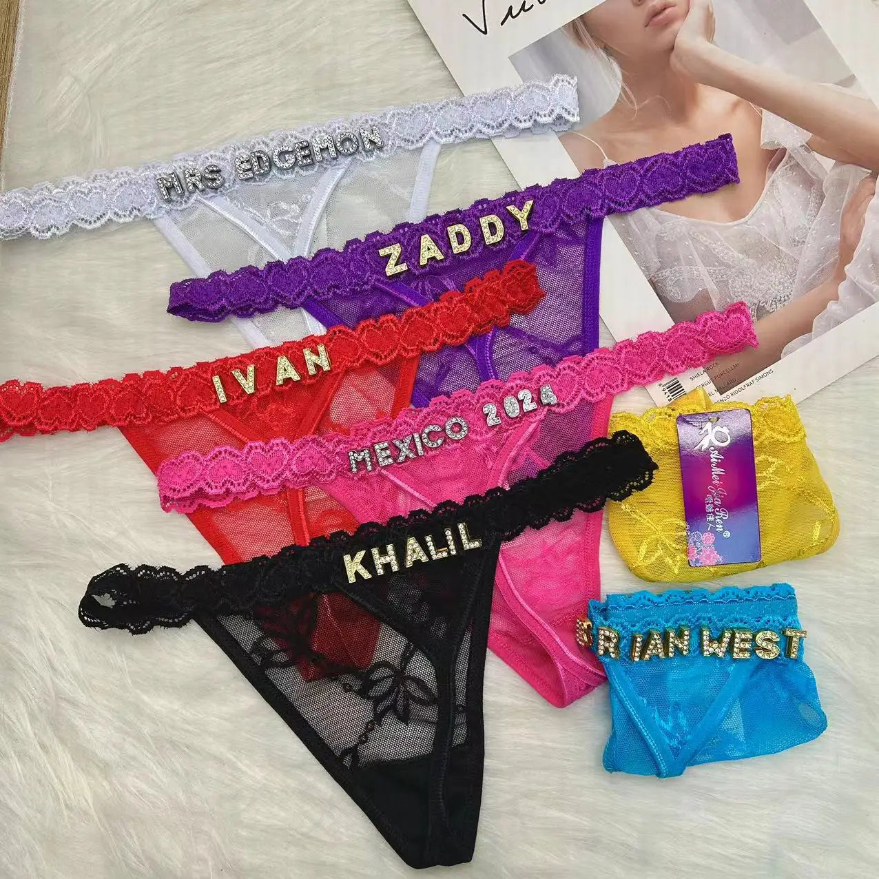 Custom Thongs with Name for Boyfriend Crystal Letter Body Jewelry Women Sexy Lace Bikini G-String Panties Valentine's Day Gift