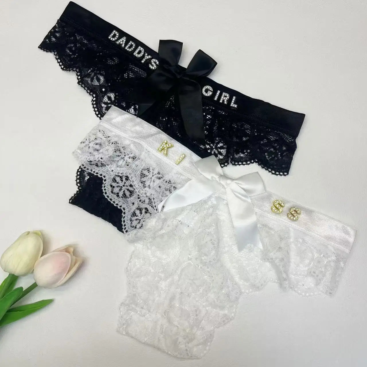 Custom Personalized Lace Thongs with Crystal Letter Bowknot G-String Sexy Women's Bikini Panties Underwear Unique Girl's Gift
