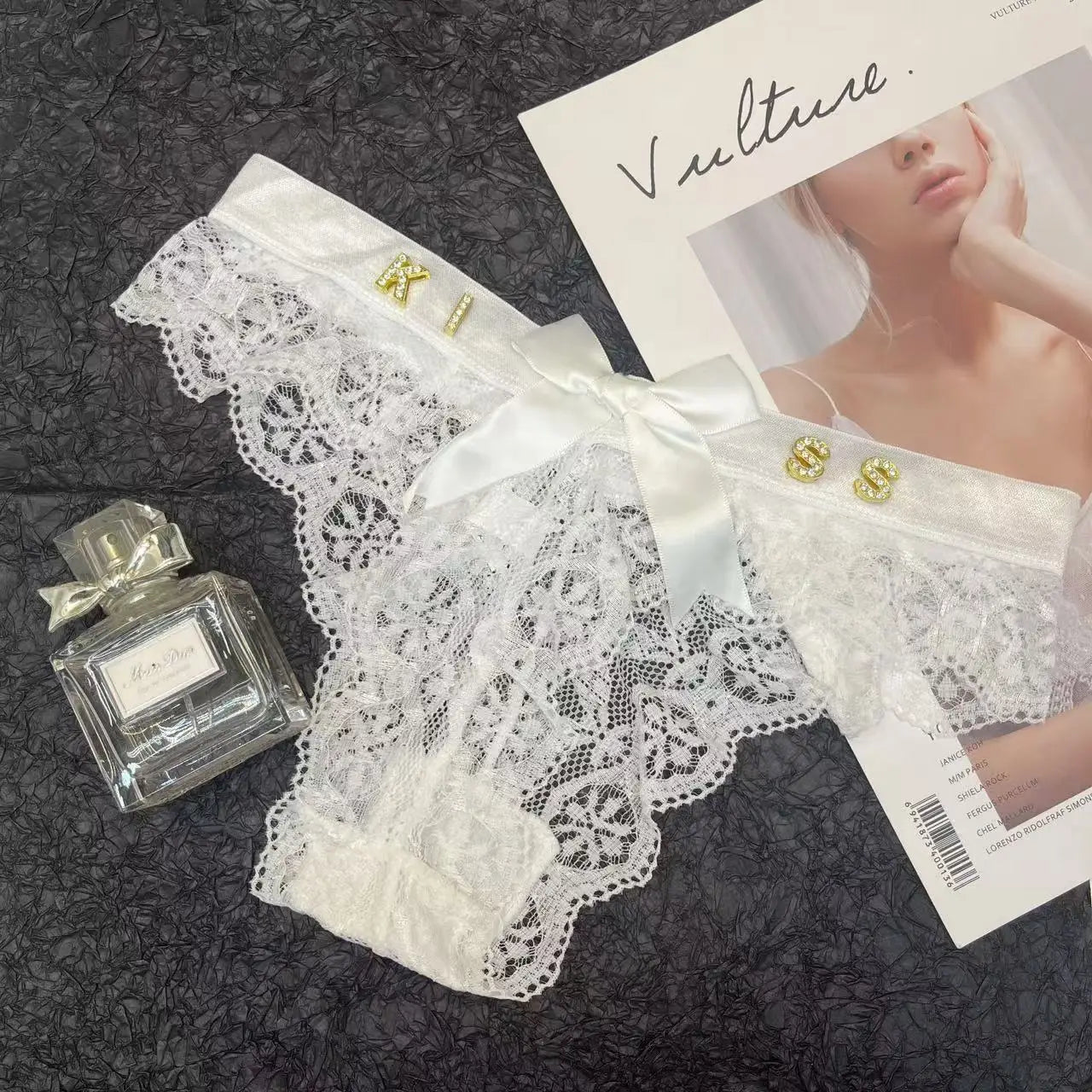 Custom Personalized Lace Thongs with Crystal Letter Bowknot G-String Sexy Women's Bikini Panties Underwear Unique Girl's Gift