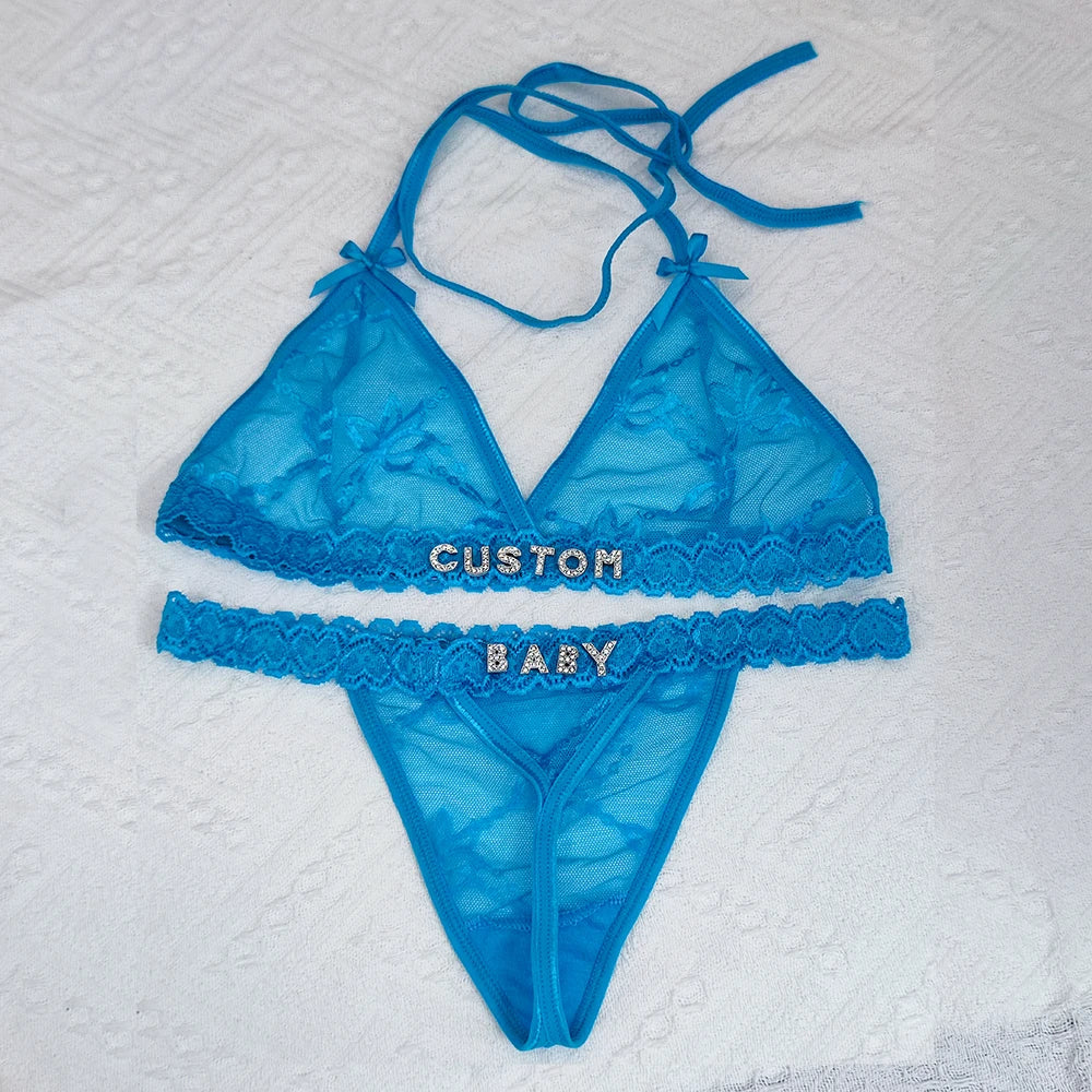 Custom Lingerie Set Name Thongs Bra Personalized Panties Bra Set With Name DIY Letter Charm Bikini Set Lace For Women Sexy Gift