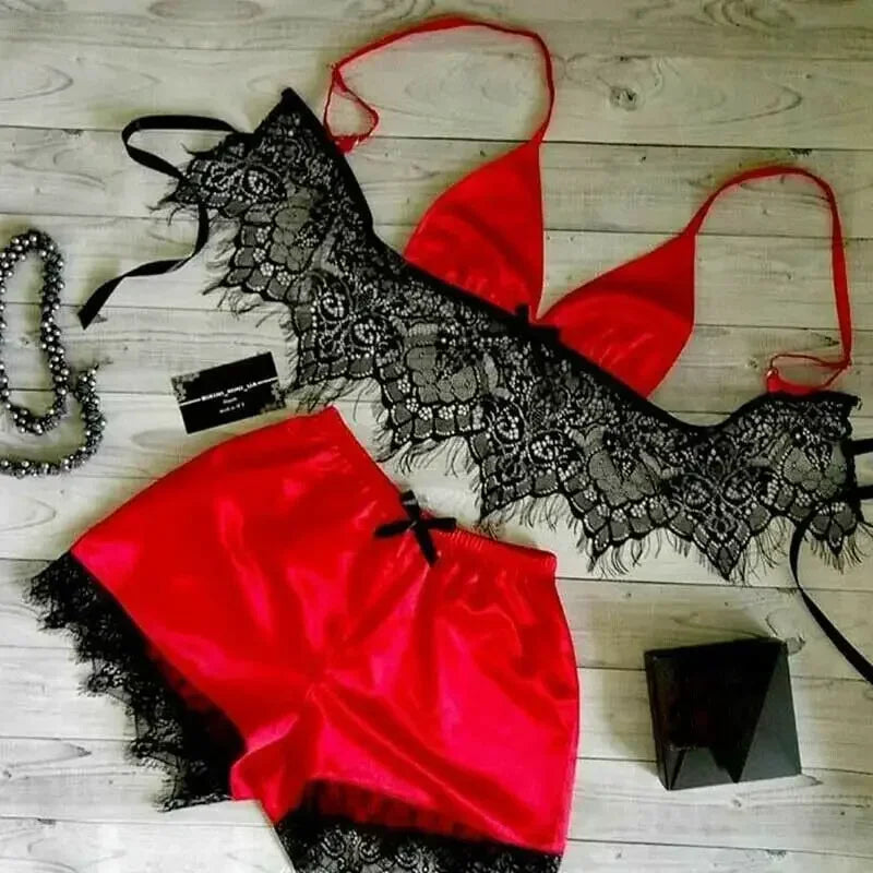 Women's Underwear Sexy Silk Satin Lingerie Pajamas Crop Tops Bralette&Panty Sets Soft Wear for Girls Tops Briefs Lace Suit