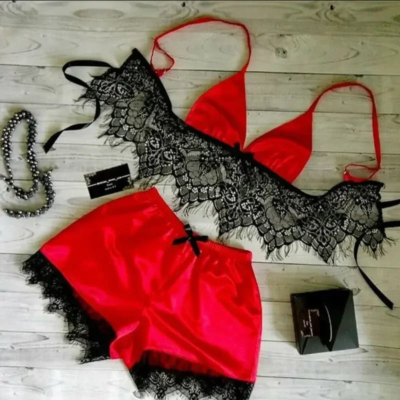 Women's Underwear Sexy Silk Satin Lingerie Pajamas Crop Tops Bralette&Panty Sets Soft Wear for Girls Tops Briefs Lace Suit