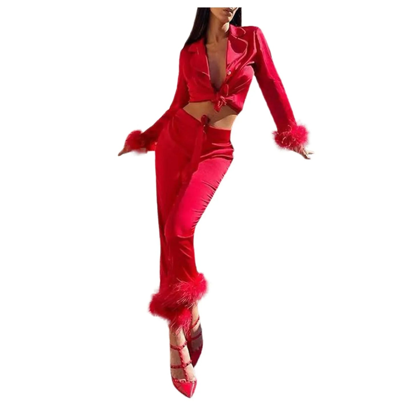 2Pcs Women Pajamas Set Spring Summer Casual Lapel Tops + Feather Pants Suits Sexy Lingerie Nightwear Silk Satin Pyjamas Homewear