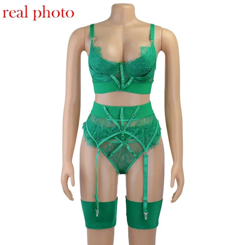 Sexy Bra Green Lingerie For Woman Erotic Underwear Set Lace Bandage Bralette Set Sexy Push up Lenceria 3 Piece Set