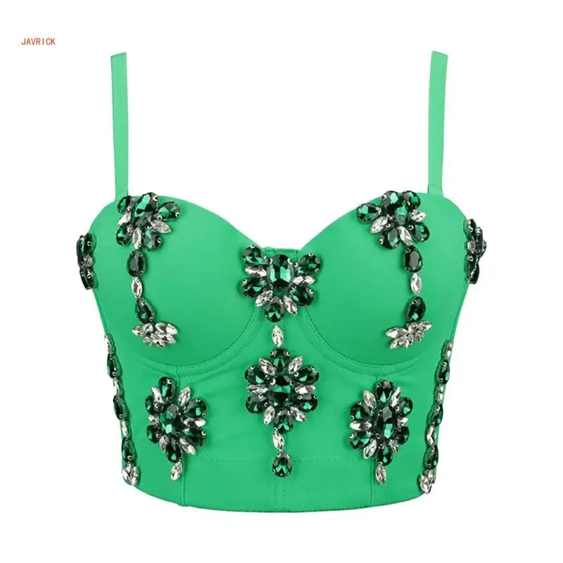Women's Sleeveless Crop Tops Corset Bustier Bra Push Up Top Rhinestones Camisole Polyester Lingerie for Evening Parties