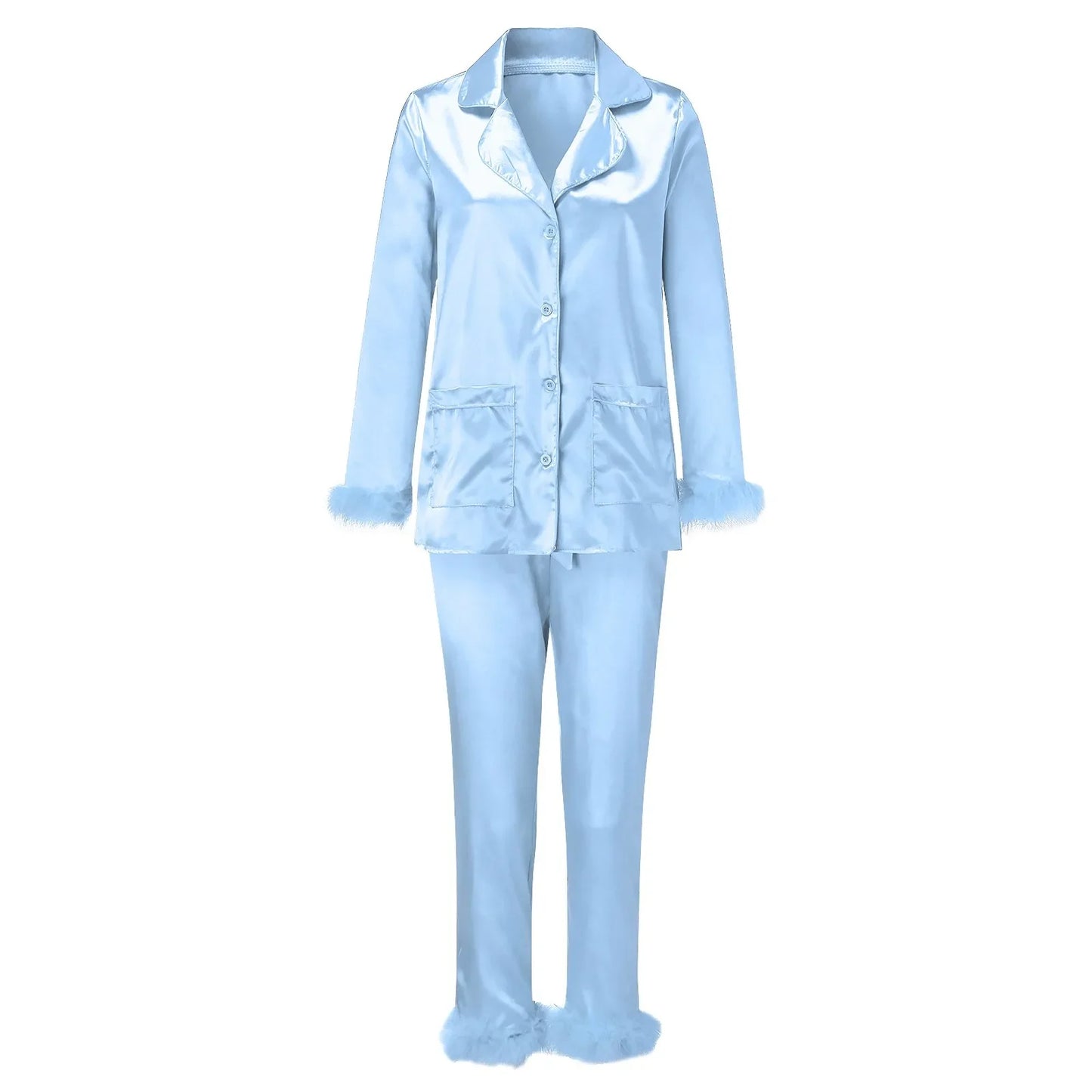 2Pcs Women Pajamas Set Spring Summer Casual Lapel Tops + Feather Pants Suits Sexy Lingerie Nightwear Silk Satin Pyjamas Homewear