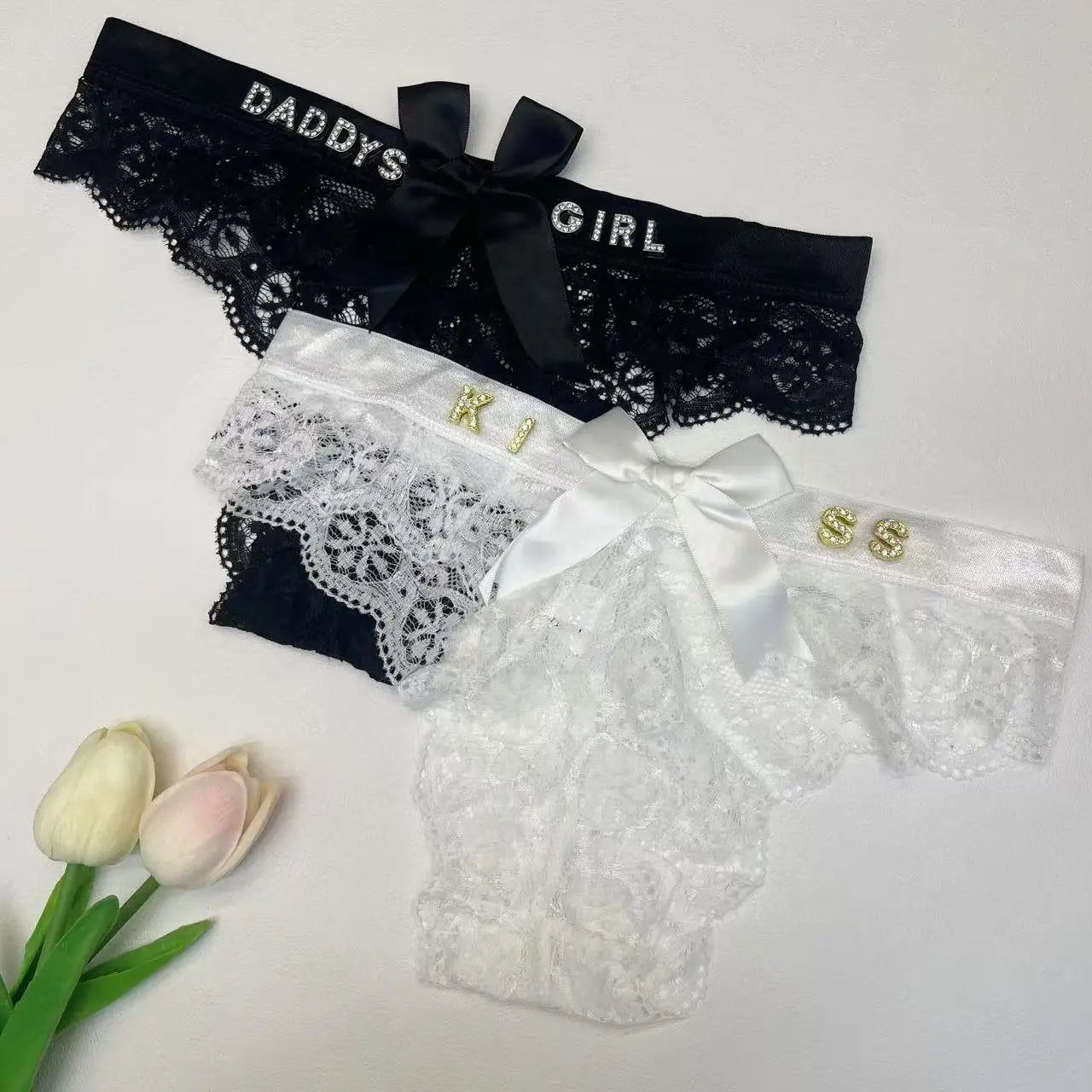 Custom Personalized Lace Thongs with Crystal Letter Bowknot G-String Sexy Women's Bikini Panties Underwear Unique Girl's Gift