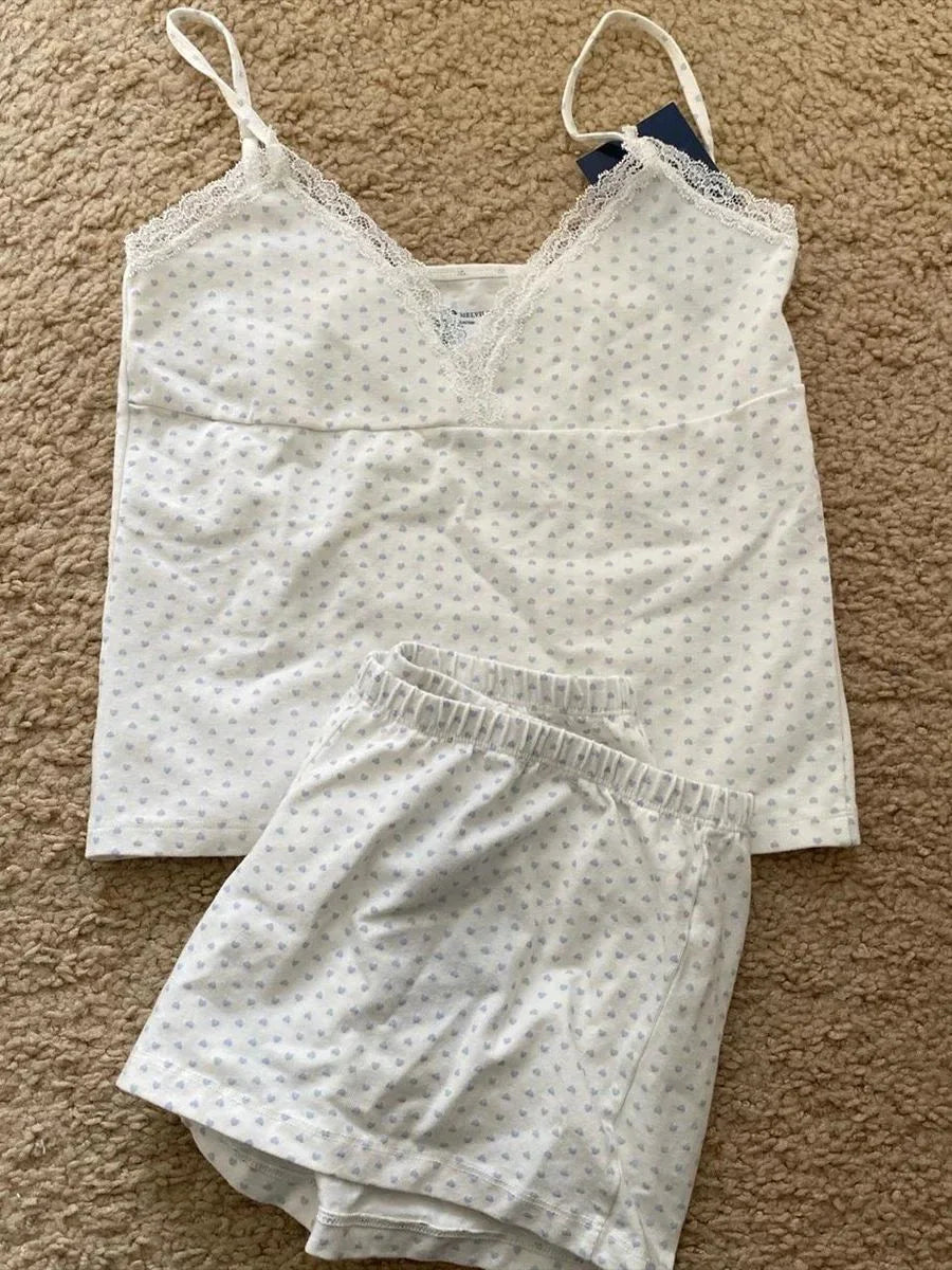 Heart Lace Trim Vest Panties 2 Pieces Set Woman