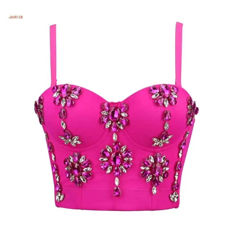 Women's Sleeveless Crop Tops Corset Bustier Bra Push Up Top Rhinestones Camisole Polyester Lingerie for Evening Parties