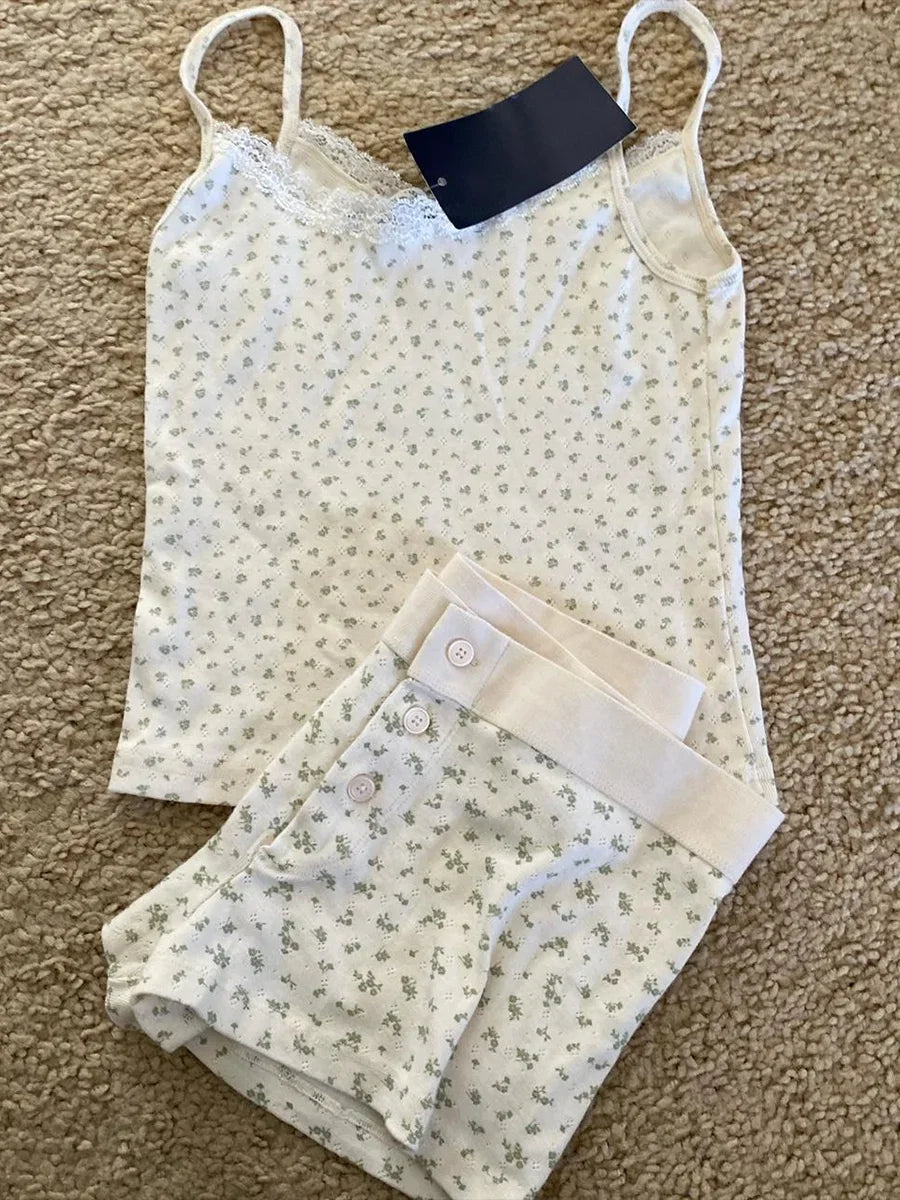 Heart Lace Trim Vest Panties 2 Pieces Set Woman