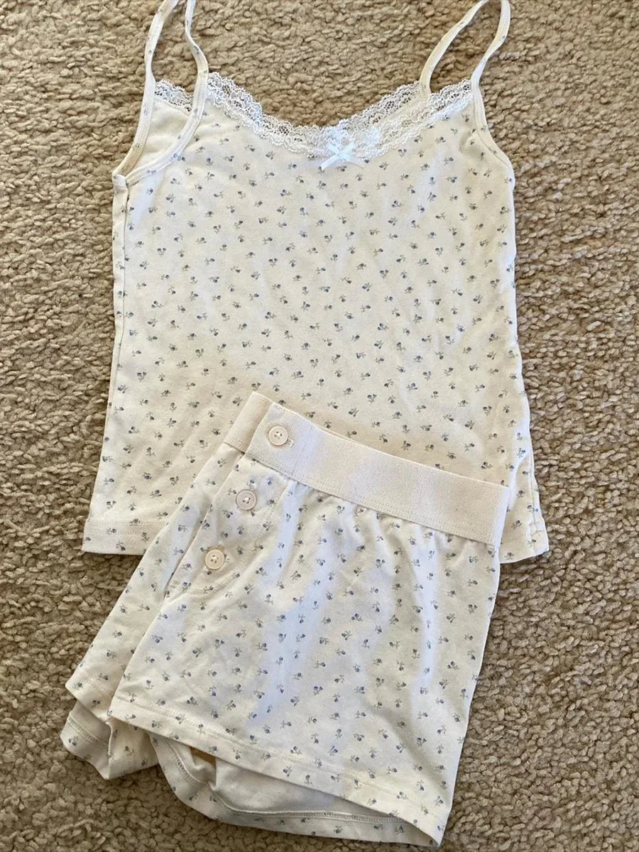 Heart Lace Trim Vest Panties 2 Pieces Set Woman