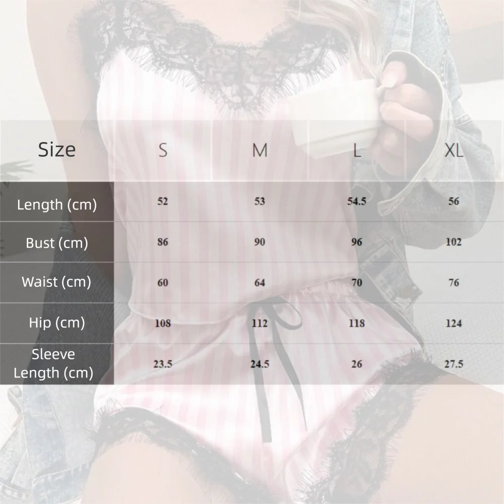 2pcs Trendy Breathable Womens Pajama Set Pink Striped V Neck Sleepwear Comfortable Silky Lace Sexy Lingerie Summer