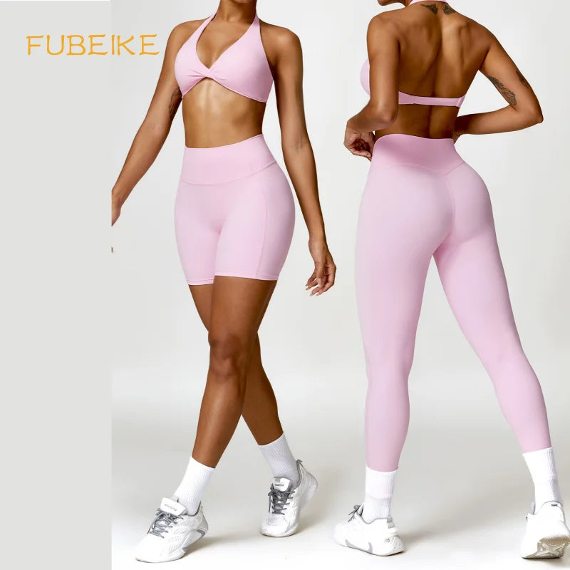 FUBEIKE 2 Pieces Set Pink Women's Yoga Suits Running Workout Clothes