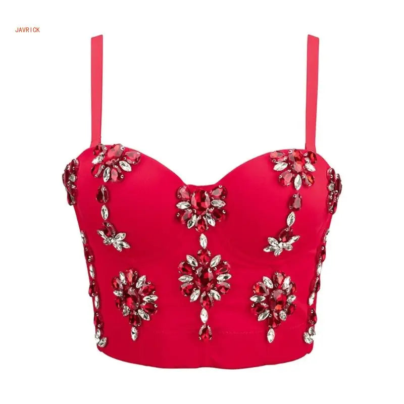 Women's Sleeveless Crop Tops Corset Bustier Bra Push Up Top Rhinestones Camisole Polyester Lingerie for Evening Parties