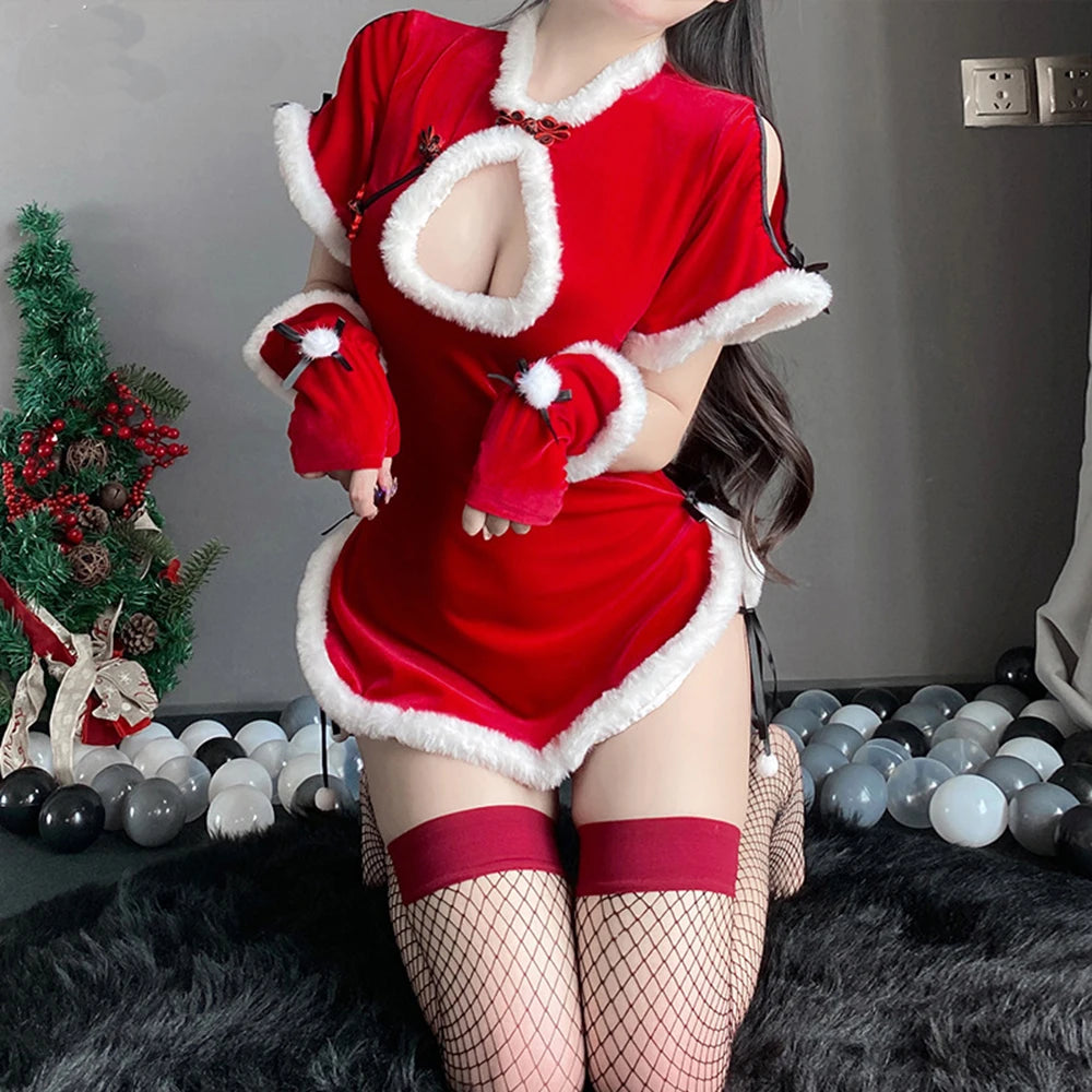 Autumn Winter Velvet Christmas Cosplay Red Dress Retro Women Sexy Cheongsam Lingerie Uniform Short Sleeve Kawaii Bodycon Dress