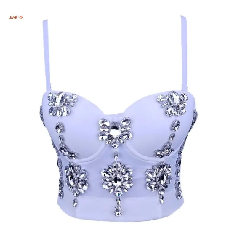 Women's Sleeveless Crop Tops Corset Bustier Bra Push Up Top Rhinestones Camisole Polyester Lingerie for Evening Parties