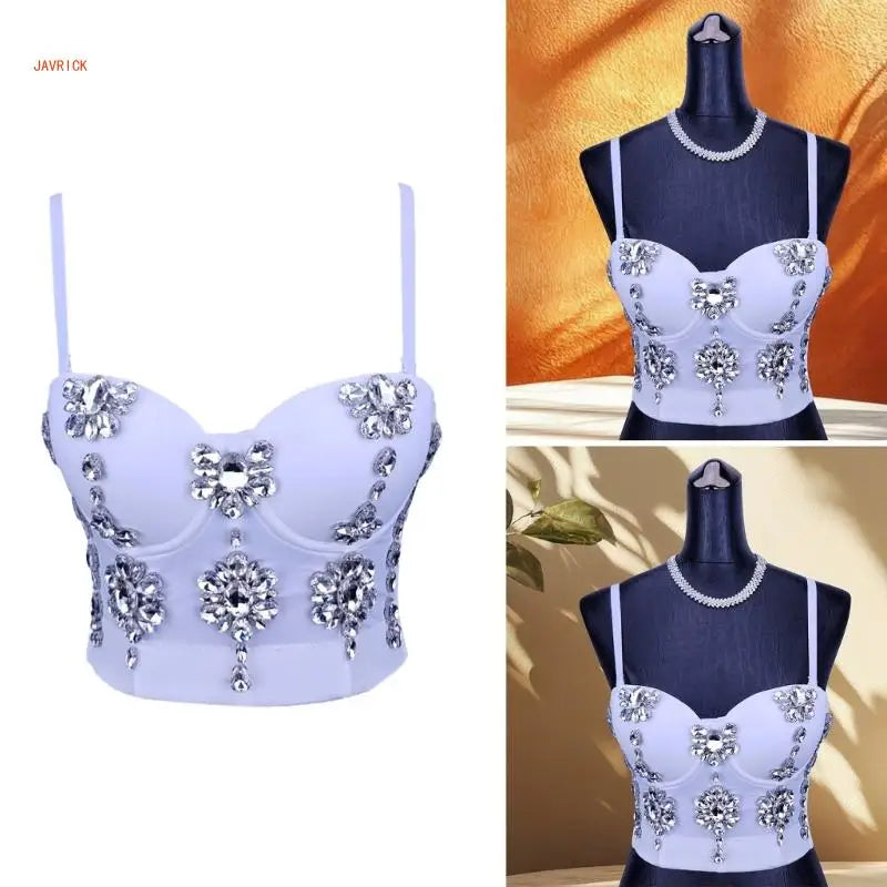 Women's Sleeveless Crop Tops Corset Bustier Bra Push Up Top Rhinestones Camisole Polyester Lingerie for Evening Parties