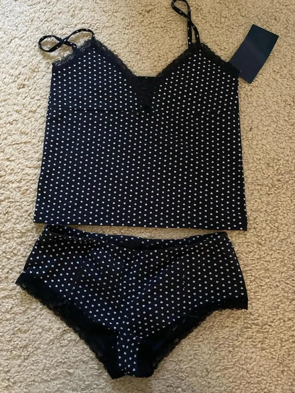 Heart Lace Trim Vest Panties 2 Pieces Set Woman