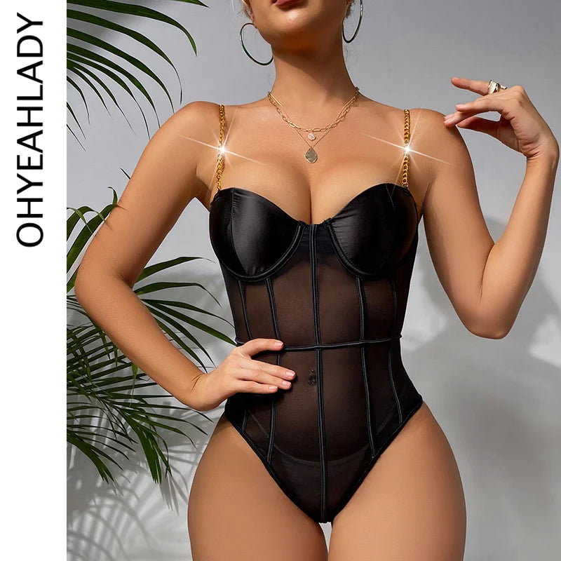 Ohyeahlady Sexy Seamless Lingerie Bodysuit Leather Teddy Transparent Underwear Oversized Underwire One-piece Jumpsuit With Chain