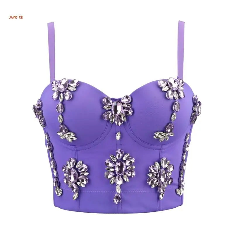 Women's Sleeveless Crop Tops Corset Bustier Bra Push Up Top Rhinestones Camisole Polyester Lingerie for Evening Parties