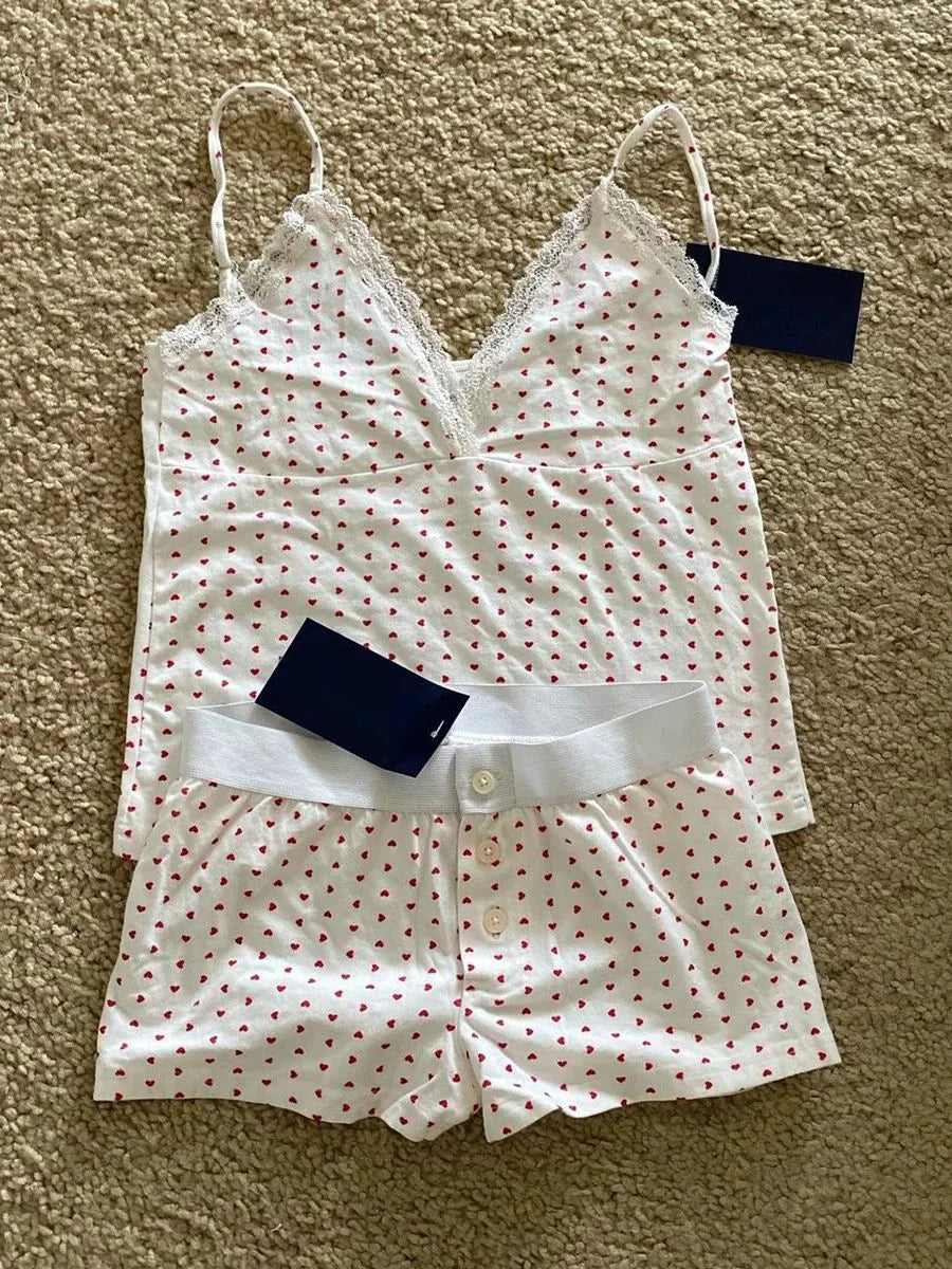 Heart Lace Trim Vest Panties 2 Pieces Set Woman