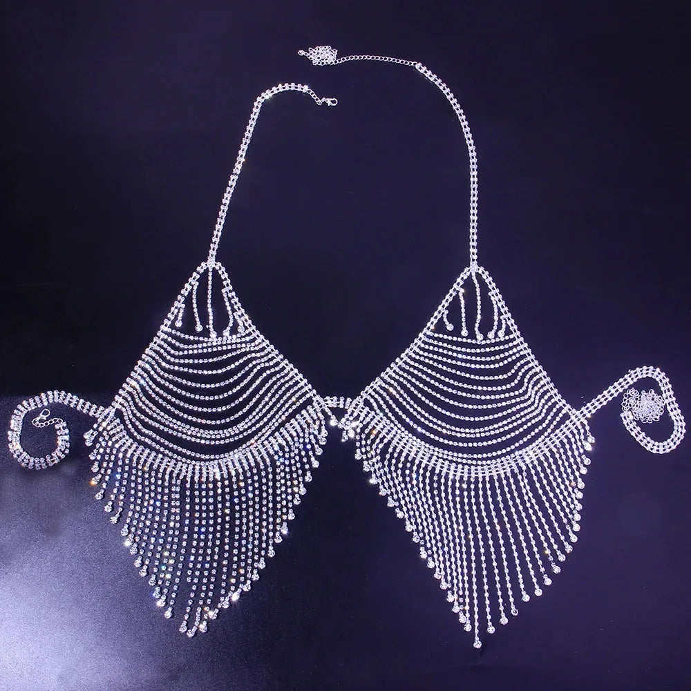 Bling Rhinestone Tassel Body Chain Bra Harness Lingerie Adjustable Luxury Hollow Body Jewelry Bra and Thong Bodysuit Crotchless