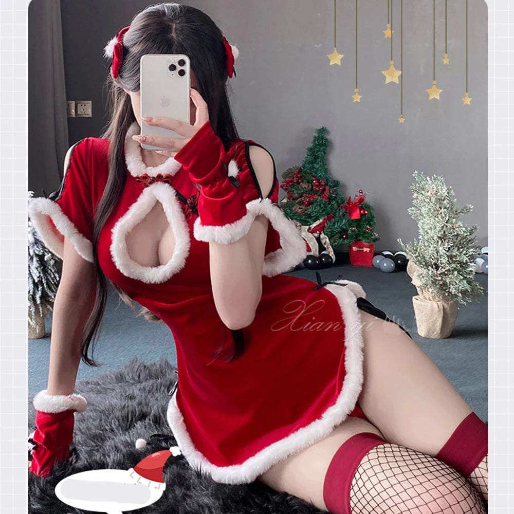 Autumn Winter Velvet Christmas Cosplay Red Dress Retro Women Sexy Cheongsam Lingerie Uniform Short Sleeve Kawaii Bodycon Dress