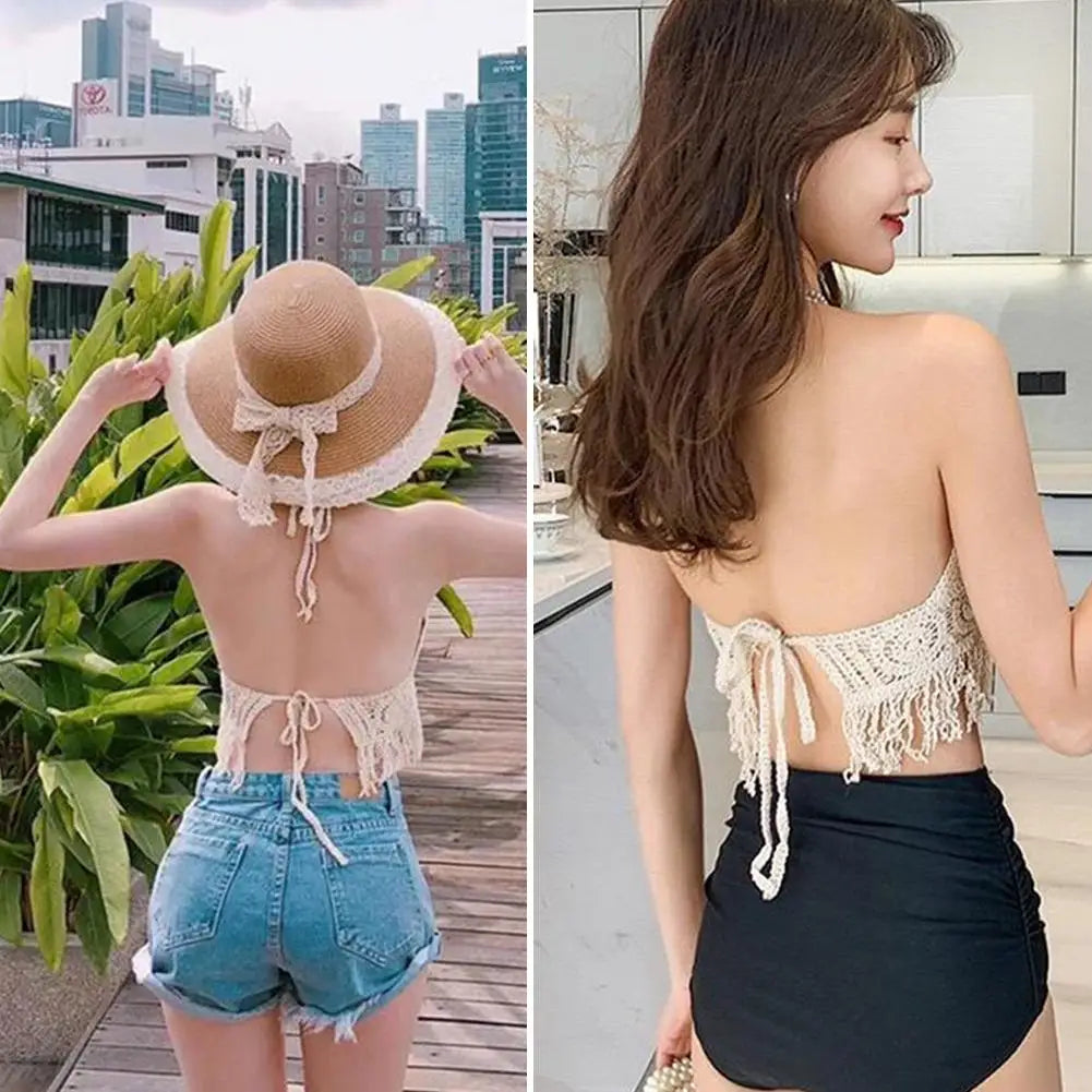 Sexy Boho Beach Holiday Camisole Halter Women Crochet Tops Women's Bra Crop Tank Backless Hollow Vest Top Swimsuit Tassel K F0X0