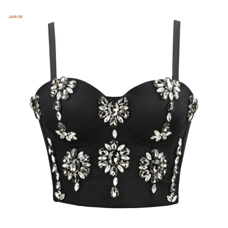 Women's Sleeveless Crop Tops Corset Bustier Bra Push Up Top Rhinestones Camisole Polyester Lingerie for Evening Parties